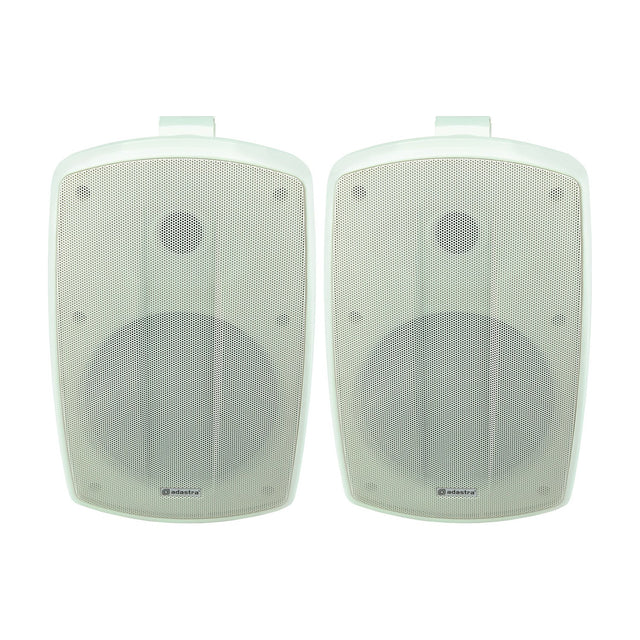 Pair of Adastra BH6-W white IP44 indoor/outdoor commercial speakers with mesh grilles and wall brackets, shown on a plain background.