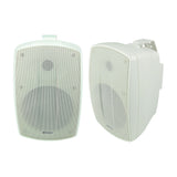 Adastra BH6-W IP44 indoor/outdoor commercial speakers in white, shown as a pair with front and side views displaying wall mounting brackets.