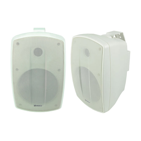 Adastra BH6-W IP44 indoor/outdoor commercial speakers in white, shown as a pair with front and side views displaying wall mounting brackets.