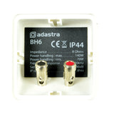 Close-up of the Adastra BH6-W speaker's rear terminal panel showing spring terminals, specification label with IP44 rating, and white moulded housing.