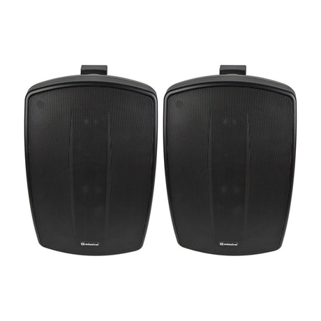 Adastra BH6-B indoor/outdoor background speakers in matt black, shown as a pair with mesh grilles and wall mount brackets on a white background.