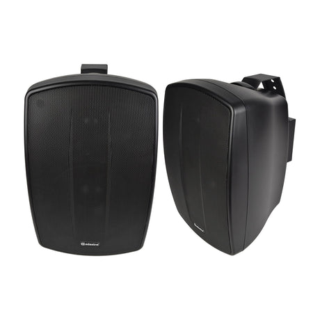 Adastra BH6-B black indoor/outdoor background speakers shown as a matched pair with front and side views, featuring pan and tilt wall mounting brackets.