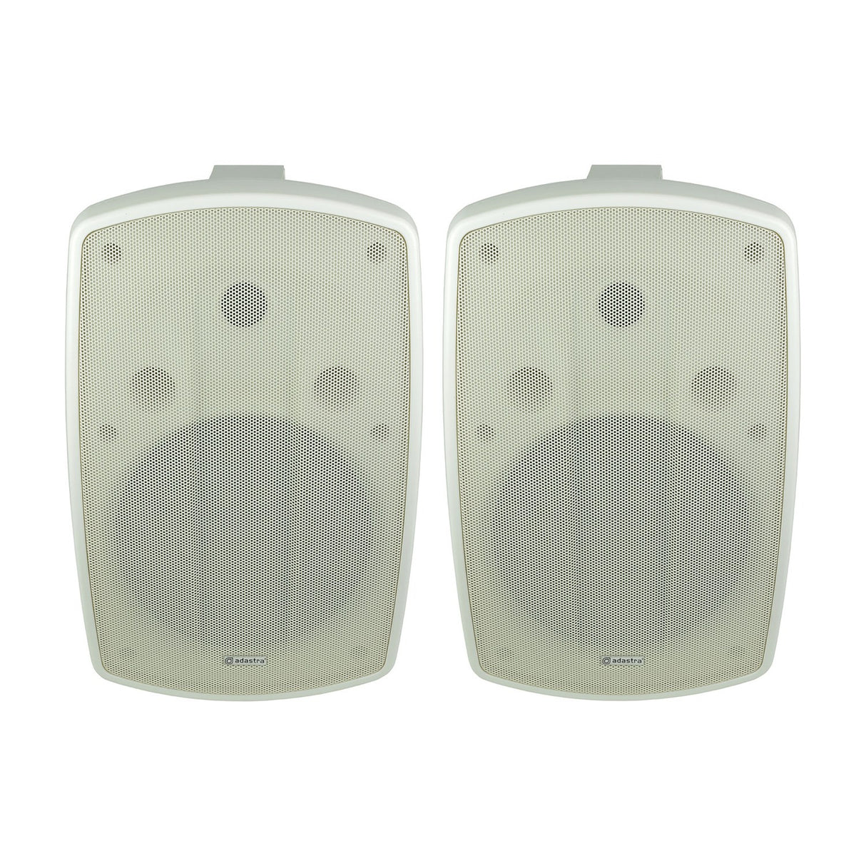 Pair of Adastra BH8-W white indoor/outdoor background speakers with moulded cabinets and mesh grilles, shown on a plain white background.