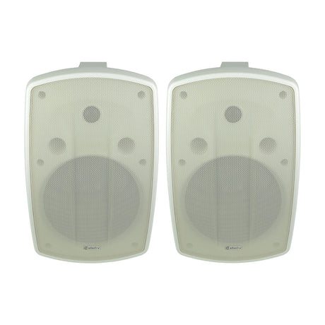 Pair of Adastra BH8-W white indoor/outdoor background speakers with moulded cabinets and mesh grilles, shown on a plain white background.