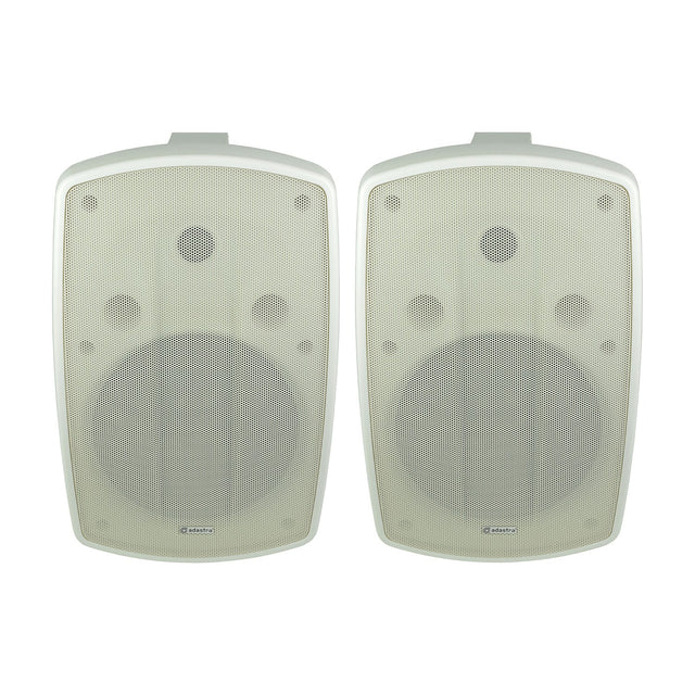 Pair of Adastra BH8-W white indoor/outdoor background speakers with moulded cabinets and mesh grilles, shown on a plain white background.