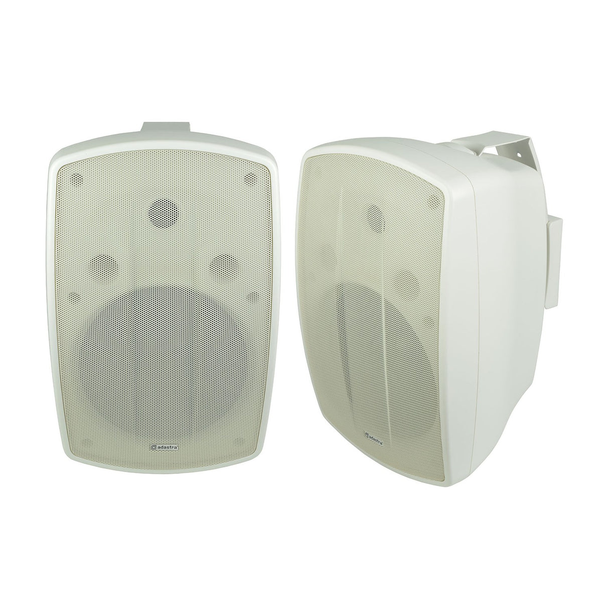 Adastra BH8-W white indoor/outdoor background speakers shown as a pair, front and side view with wall-mount bracket, on a plain white background.