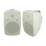 Adastra BH8-W white indoor/outdoor background speakers shown as a pair, front and side view with wall-mount bracket, on a plain white background.