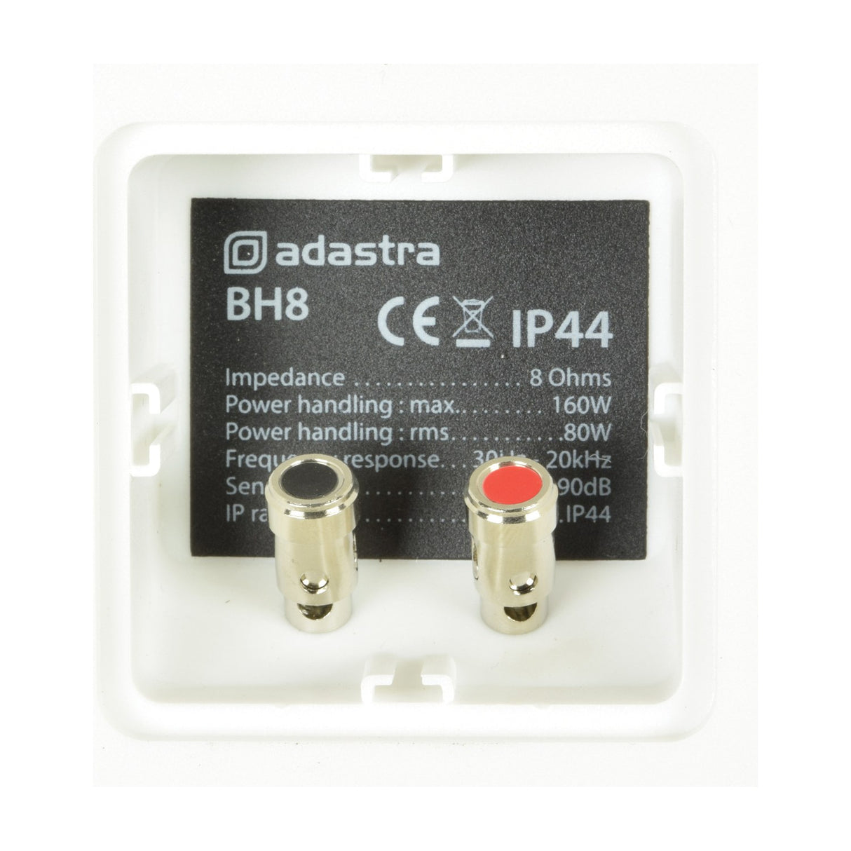 Close-up of Adastra BH8-W speaker rear panel showing spring terminal connectors and IP44 specification label on a white moulded housing.