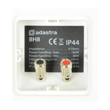 Close-up of Adastra BH8-W speaker rear panel showing spring terminal connectors and IP44 specification label on a white moulded housing.