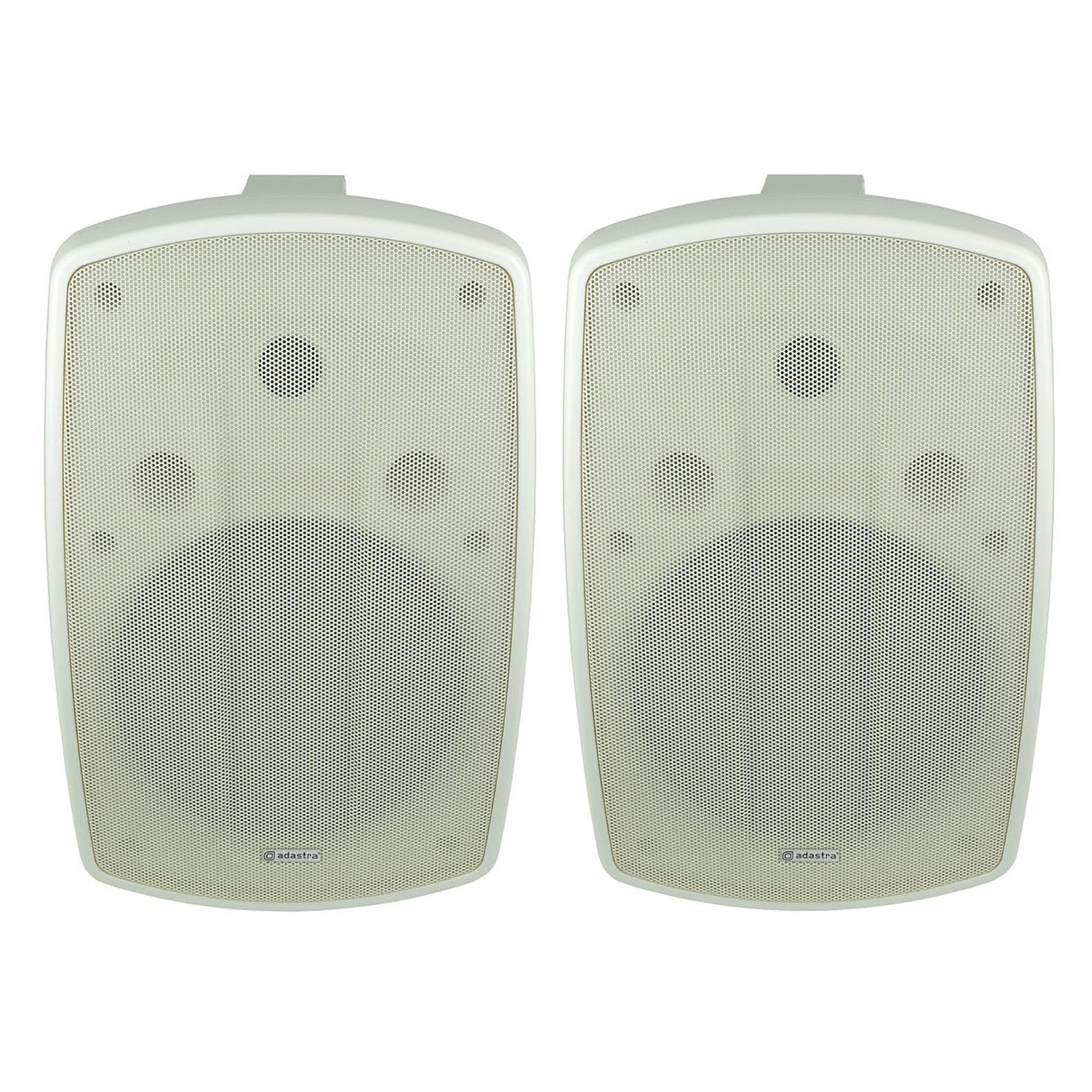 A pair of Adastra BH8 8" 160W speakers in white, featuring a wall-mounted design with a mesh grille front and the brand logo at the bottom center. These IP44-rated, weather-resistant speakers are perfect for both indoor and outdoor music setups, positioned side by side against a plain white background.