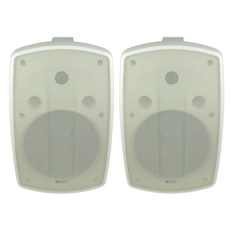 A pair of Adastra BH8 8" 160W speakers in white, featuring a wall-mounted design with a mesh grille front and the brand logo at the bottom center. These IP44-rated, weather-resistant speakers are perfect for both indoor and outdoor music setups, positioned side by side against a plain white background.