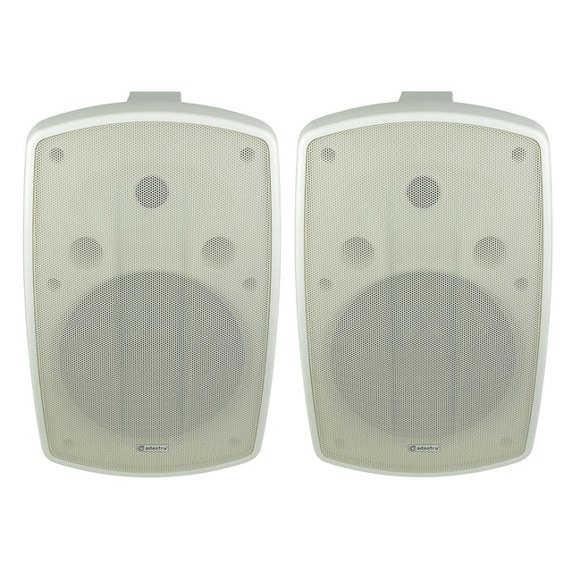 A pair of Adastra BH8 8" 160W speakers in white, featuring a wall-mounted design with a mesh grille front and the brand logo at the bottom center. These IP44-rated, weather-resistant speakers are perfect for both indoor and outdoor music setups, positioned side by side against a plain white background.