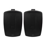 Pair of Adastra BH8-B matt black indoor/outdoor background speakers with moulded cabinets, mesh grilles and top mounting brackets on a white background.