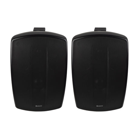 Pair of Adastra BH8-B matt black indoor/outdoor background speakers with moulded cabinets, mesh grilles and top mounting brackets on a white background.