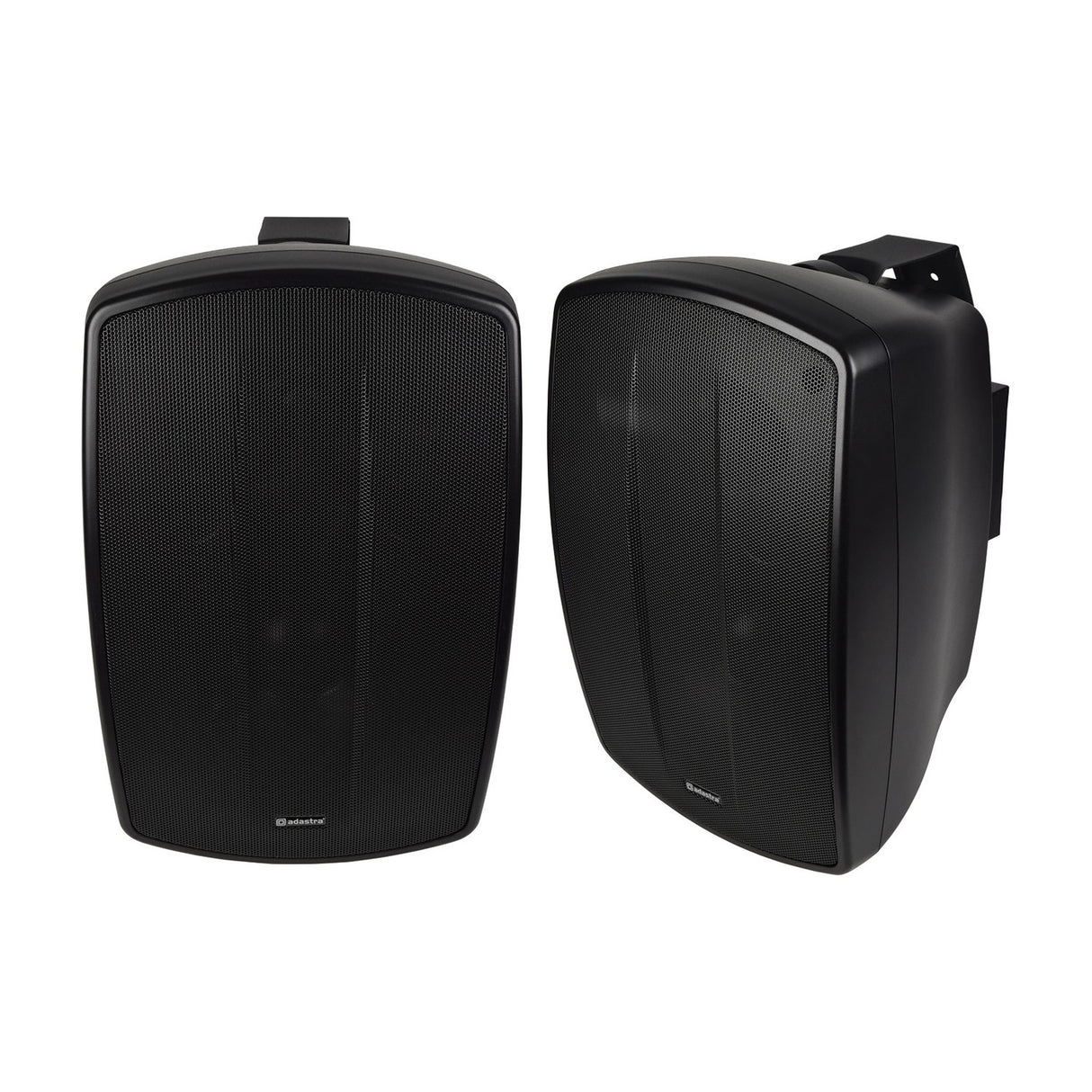 Adastra BH8-B indoor/outdoor background speakers in matt black, shown as a pair with mesh grilles and wall mount brackets on a white background.