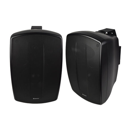 Adastra BH8-B indoor/outdoor background speakers in matt black, shown as a pair with mesh grilles and wall mount brackets on a white background.
