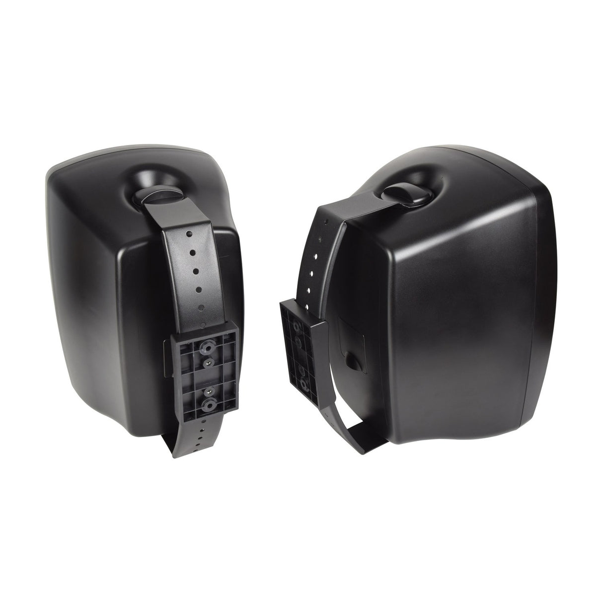 Adastra BH8-B matt black indoor/outdoor background speakers shown as a pair with adjustable wall mounting brackets on a plain white background.
