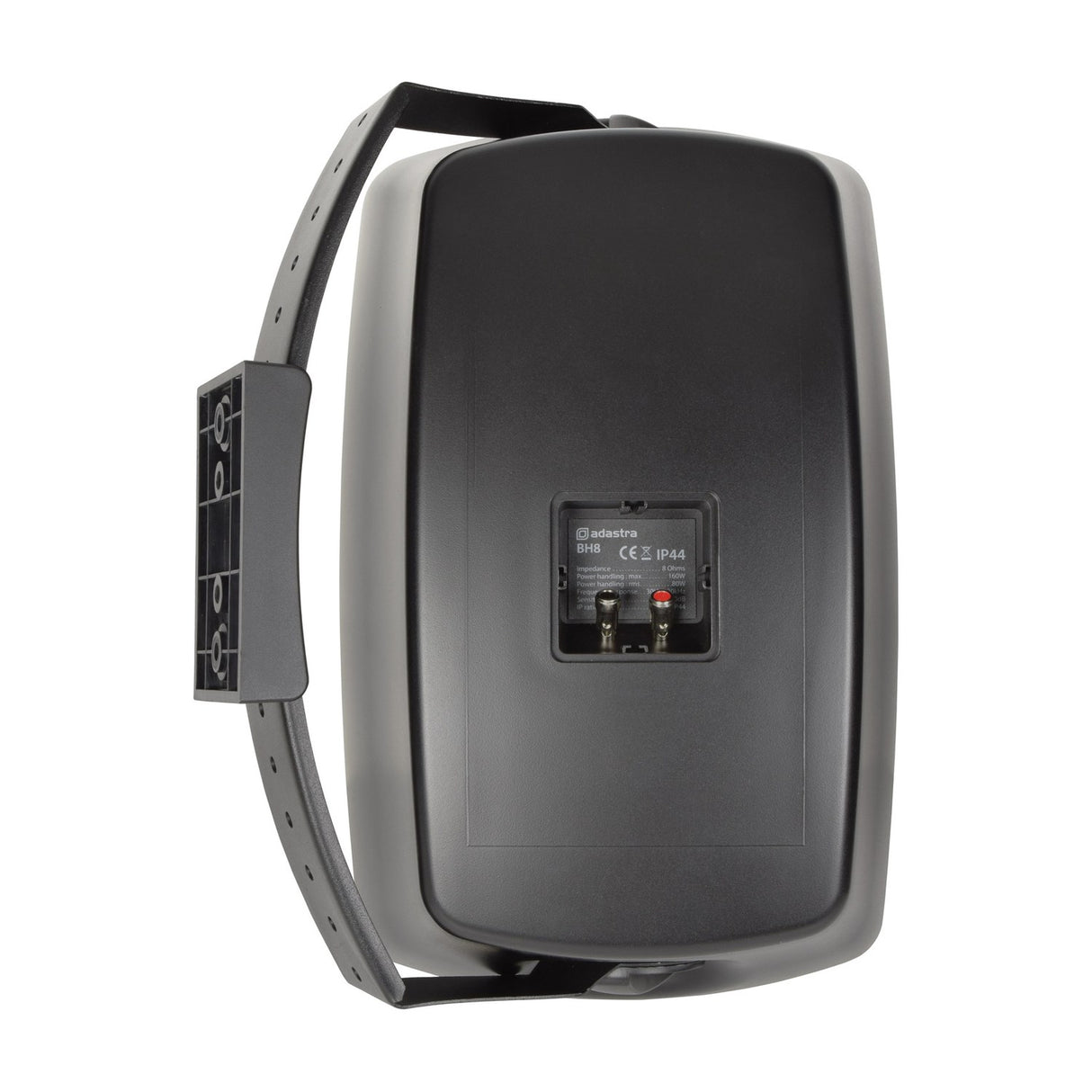 Rear view of the Adastra BH8-B matt black indoor/outdoor background speaker showing spring terminals, IP44 spec label and adjustable wall bracket.
