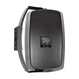 Rear view of the Adastra BH8-B matt black indoor/outdoor background speaker showing spring terminals, IP44 spec label and adjustable wall bracket.