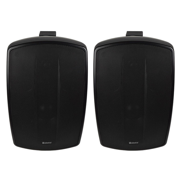 The Adastra BH8 8" 160W speakers, designed for indoor and outdoor use, showcase a sleek, modern design in black. With an IP44 weather resistance rating, these speakers sit side by side against a white background, featuring a perforated front grille and a small logo at the bottom. They enhance durability without compromising style.