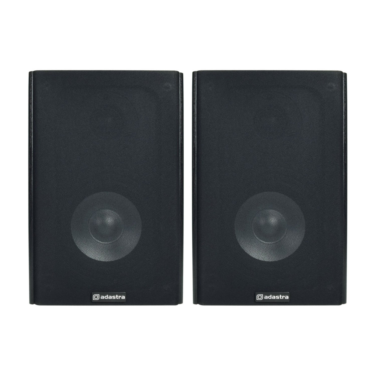 Adastra AB-5 passive bookshelf speakers pair in matt black woodgrain finish with visible woofer and tweeter behind fabric grilles, on a white background.