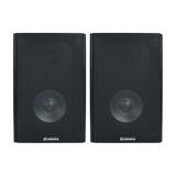 Adastra AB-5 passive bookshelf speakers pair in matt black woodgrain finish with visible woofer and tweeter behind fabric grilles, on a white background.