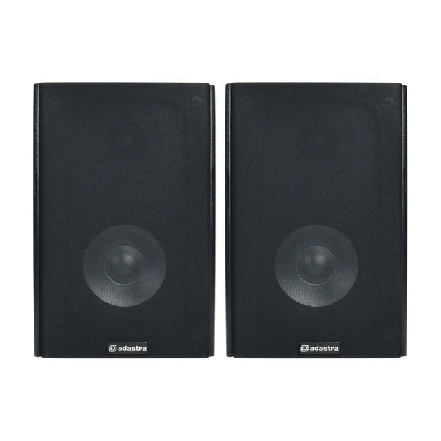 Adastra AB-5 passive bookshelf speakers pair in matt black woodgrain finish with visible woofer and tweeter behind fabric grilles, on a white background.