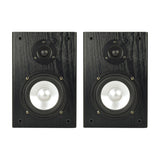 Adastra AB-5 passive bookshelf speakers in matt black woodgrain, pair shown front-on with silk dome tweeter and 5.25 inch driver on plain background.
