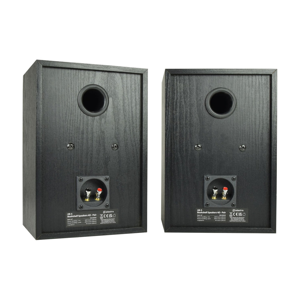 Rear view of Adastra AB-5 passive bookshelf speaker pair in matt black woodgrain, showing bass ports, push terminals and specification labels.