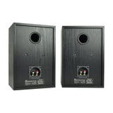 Rear view of Adastra AB-5 passive bookshelf speaker pair in matt black woodgrain, showing bass ports, push terminals and specification labels.