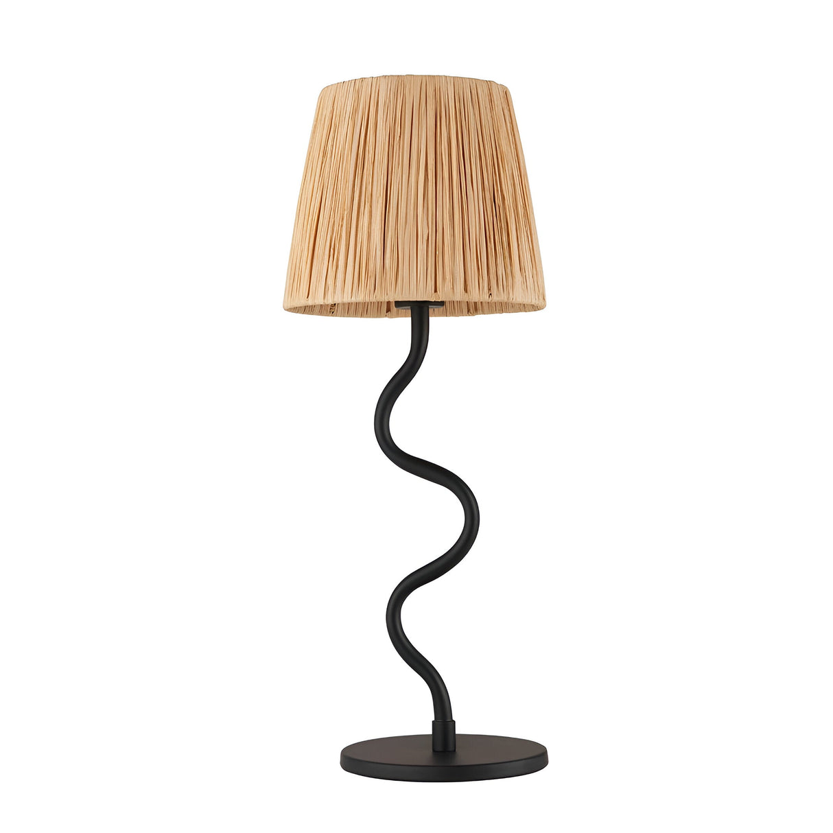 Endon Danemont table lamp with a wavy matt black metal stem, round base and tapered natural raffia shade, shown on a white background.