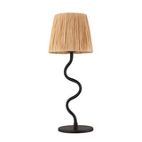 Endon Danemont table lamp with a wavy matt black metal stem, round base and tapered natural raffia shade, shown on a white background.