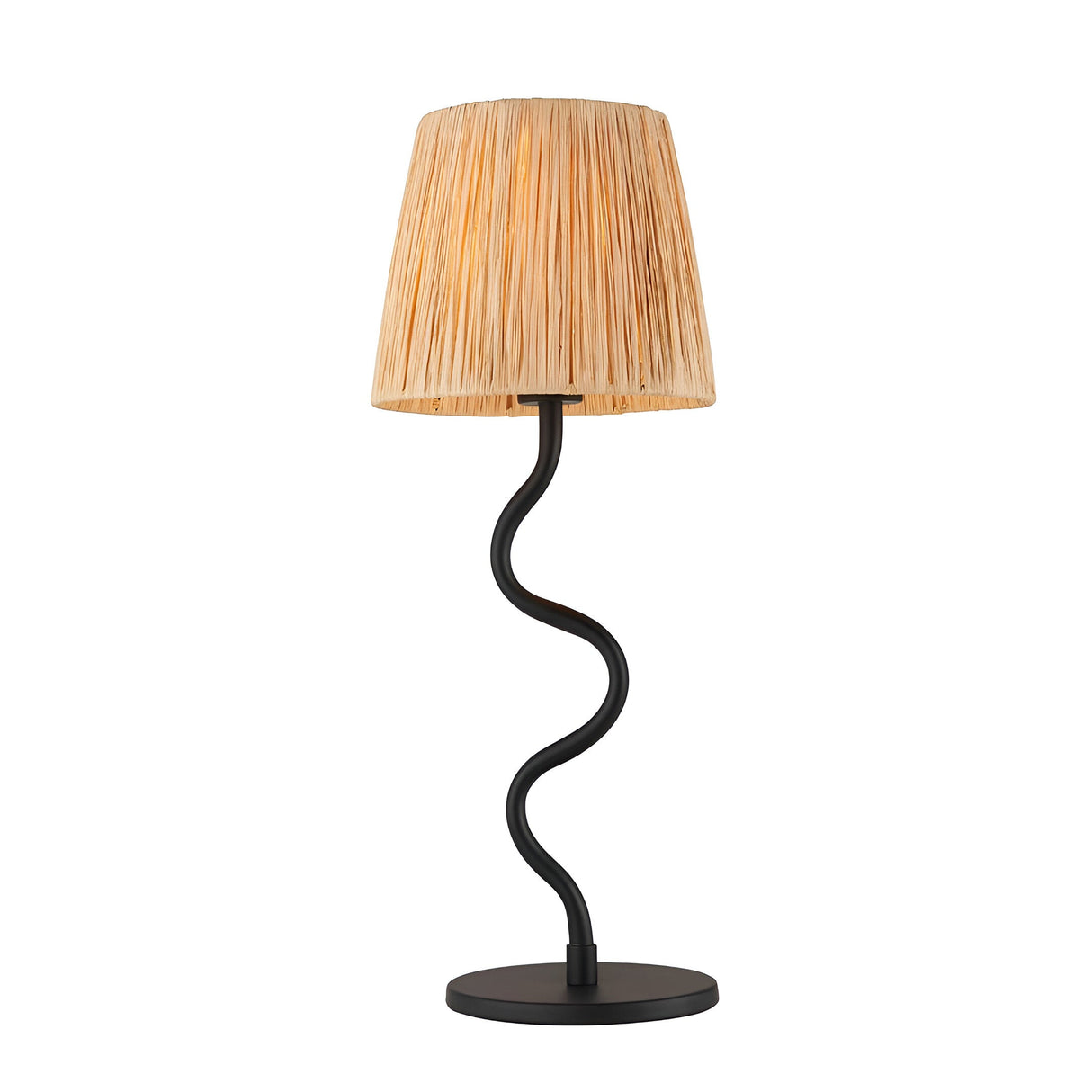 Endon Danemont table lamp with a tapered natural raffia shade on a slim wavy matt black metal stem and round base, on a plain white background.