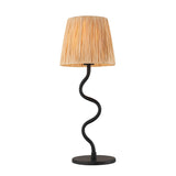 Endon Danemont table lamp with a tapered natural raffia shade on a slim wavy matt black metal stem and round base, on a plain white background.