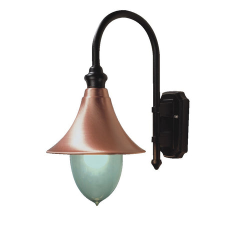 Bellcote Cast Aluminium Outdoor Hanging Wall Lantern with black curved bracket, copper bell-shaped shade and frosted glass diffuser, shown on a plain white background.
