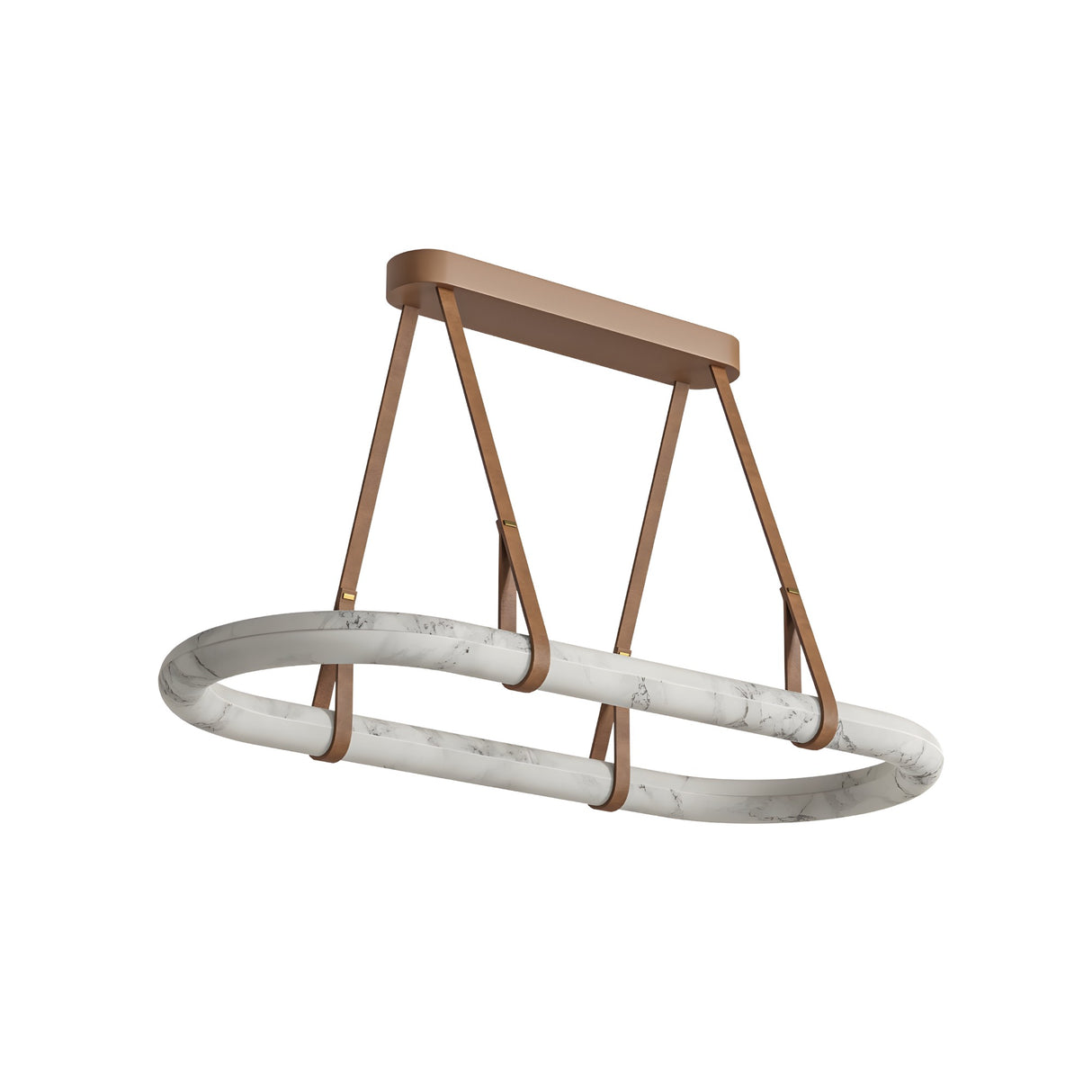 The Cintura LED Small Alabaster Floating Suspension Light – Soft White features a minimalist design with a rectangular bronze mount, four straps, and an oval marbled white ring as the LED light source for a modern, contemporary look.