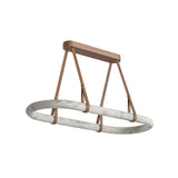 The Cintura LED Small Alabaster Floating Suspension Light – Soft White features a minimalist design with a rectangular bronze mount, four straps, and an oval marbled white ring as the LED light source for a modern, contemporary look.