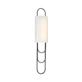 The Catenis 2 Light Large Loop Frame Alabaster Wall Light features a matte black metal frame with three elongated ovals and a soft white cylindrical shade for a modern look.