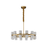 The Valenro 40 Light Cylindrical Alabaster Chandelier features a brass ring frame with forty softly glowing white alabaster shades, evenly spaced and suspended by a gold rod and canopy for a modern look.