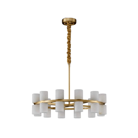 The Valenro 40 Light Cylindrical Alabaster Chandelier features a brass ring frame with forty softly glowing white alabaster shades, evenly spaced and suspended by a gold rod and canopy for a modern look.