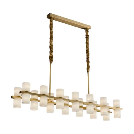 The Valenro 28 Light Cylindrical Alabaster Linear Suspension Light features a modern rectangular brass frame with two rows of soft white frosted alabaster cylinders and dual fabric-wrapped gold rods connecting to a rectangular ceiling mount.