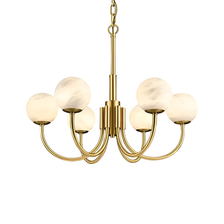 The Aurelio 6 Light Globe Alabaster Chandelier in soft white and brushed brass features six curved arms with alabaster globes, suspended elegantly from a matching chain.