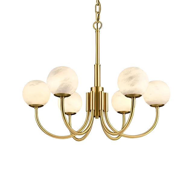 The Aurelio 6 Light Globe Alabaster Chandelier in soft white and brushed brass features six curved arms with alabaster globes, suspended elegantly from a matching chain.