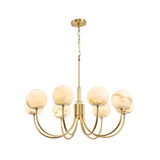The Aurelio 8 Light Globe Alabaster Chandelier features eight curved arms with round, marbled alabaster globes in soft white, all suspended from a brushed brass ceiling mount for a modern, elegant look.