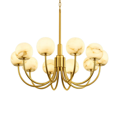 The Aurelio 10 Light Globe Alabaster Chandelier features a brushed brass frame and ten curved arms, each with a round, soft white alabaster globe, elegantly suspended from a chain against a white background.