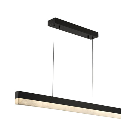 The Linea LED Medium Alabaster Linear Suspension Light in Soft White & Black features a slim rectangular bar, suspended by two cables from a matching mount—ideal over kitchen islands, emitting soft white light from its underside.