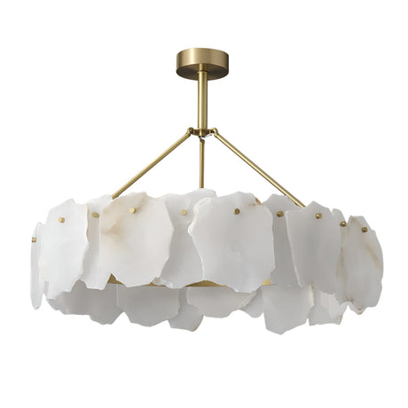 The Marvion LED Large Petal Alabaster Chandelier features a brass frame and a circular array of soft white panels, combining modern design with artistic flair for a stunning, contemporary focal point.