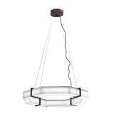 The Vireon LED Large Alabaster Chandelier in Bronze & Soft White features an octagonal design with frosted glass panels and a dark metal frame, suspended by four slim cables and a central black cord.