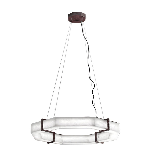 The Vireon LED Large Alabaster Chandelier in Bronze & Soft White features an octagonal design with frosted glass panels and a dark metal frame, suspended by four slim cables and a central black cord.