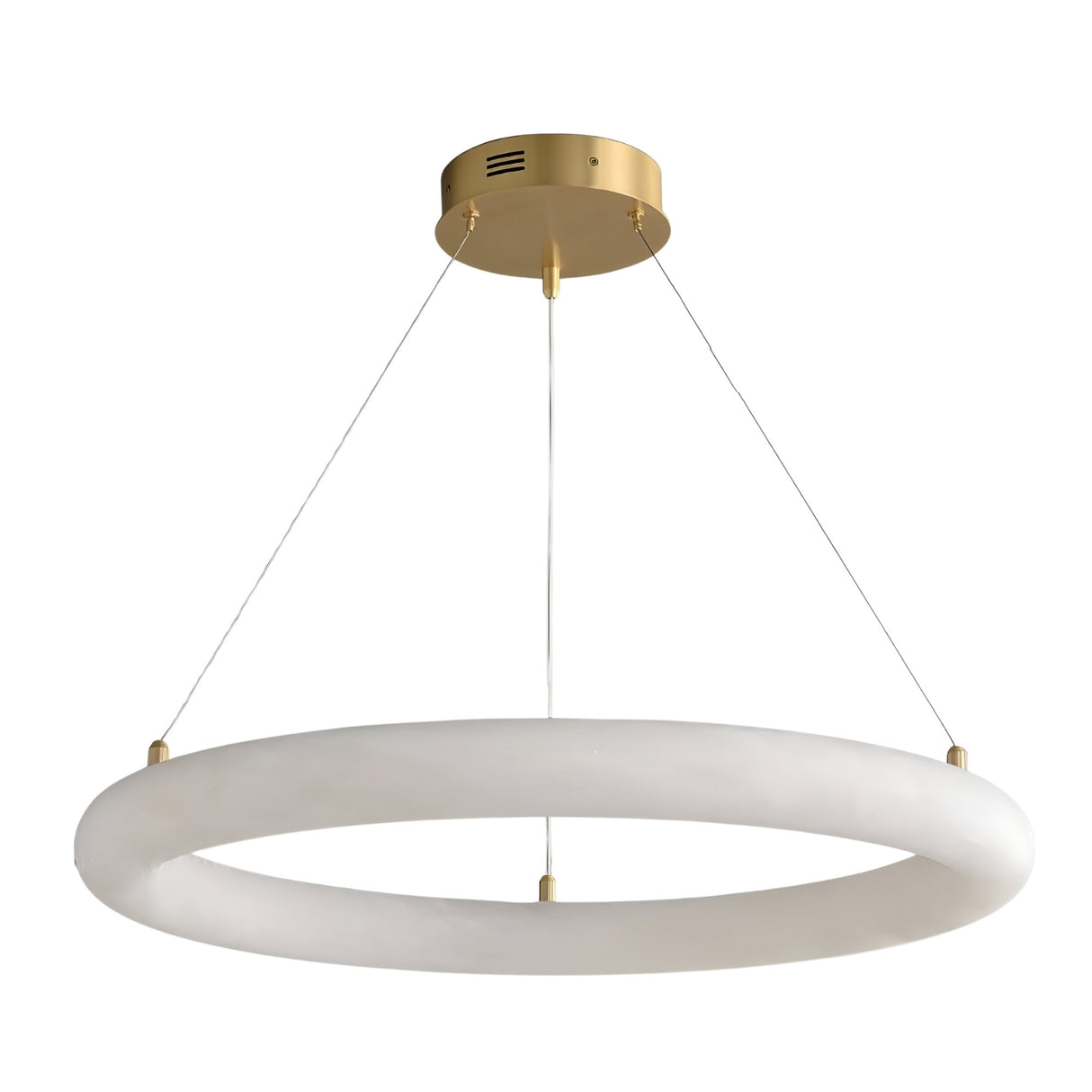 The Seraphis LED Extra Large Alabaster Chandelier in Soft White features a modern circular frosted ring, suspended by three slim cables from a round brass ceiling mount.